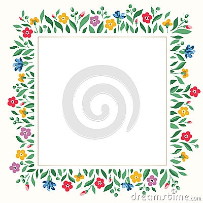 Bright Chintz Romantic Meadow Wildflowers Vector Square Frame Vector Illustration