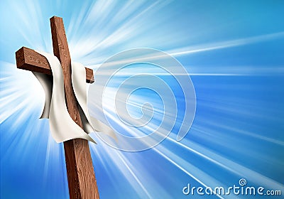 Bright Christian cross symbol with blue sky background. Crucifixion concept - resurrection Stock Photo