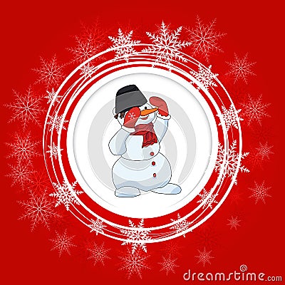 Bright Christmas background.Snowman White circles and snowflakes Vector Illustration