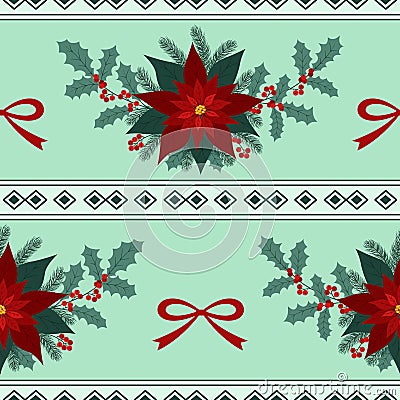 Bright christmas decoration poinsettia flower holly leaves seamless pattern with horizontal rhombus ornament Vector Illustration