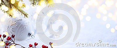 Bright Christmas; Holidays background with Xmas ornament on snow Stock Photo