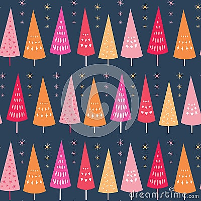 Vector seamless pattern of bright Chrismas trees and stars. Surface pattern design background ideal for Christmas Vector Illustration