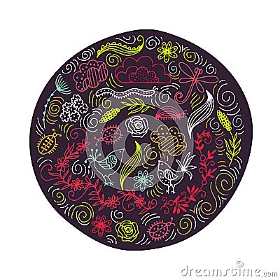 A bright circle with a summer ornament. Flowers, bugs, dragonfly, cloud. Element for your design. Stock Photo