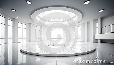 Bright circular open plan interior with podium, illustration ai generative Cartoon Illustration