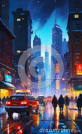 Bright cityscape in the night. Bustling night streets and night life. Stock Photo