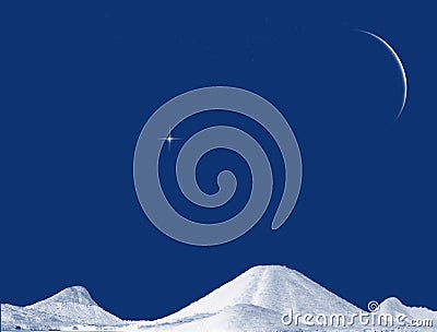 Bright clear blue sky, a star, big moon crescent and mountains hills illustration in blue and white. Winter landscape. Cartoon Illustration