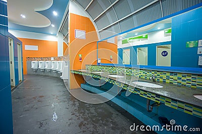 Bright color public toilet on gas station in asia Stock Photo