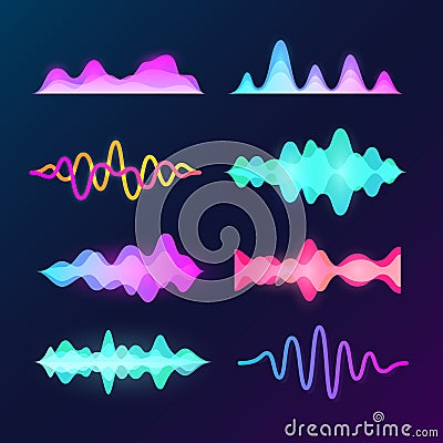 Bright color sound voice waves isolated on dark background. Abstract waveform, music pulse and equalizer wave vector set Vector Illustration