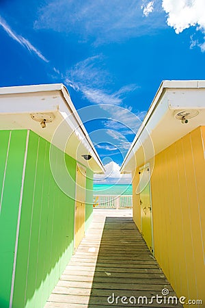 Bright colored houses on an exotic Caribbean Stock Photo