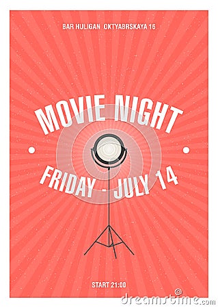 Bright colored poster or invitation template for movie night or film festival with glowing spotlight standing on tripod Vector Illustration