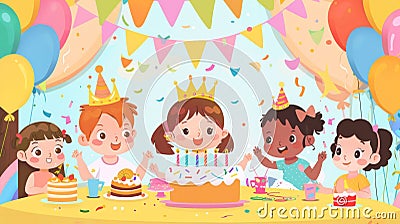 A bright and colorful birthday party filled with balloons streamers and a big birthday cake. The children are playing Stock Photo