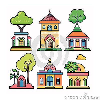 Bright colorful building icons trees simplistic design. Cartoon style structures foliage clear Vector Illustration
