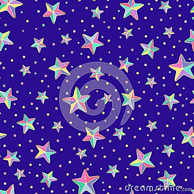 Bright colorful cartoon stars stars and circles with golden out line on a blue background. Vector seamless pattern. Vector Illustration