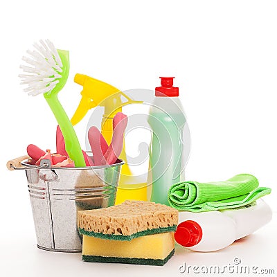Bright colorful cleaning set on a wooden table Stock Photo