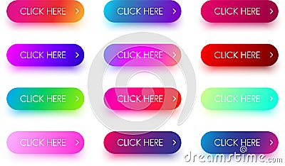 Bright colorful click here icons isolated on white. Vector Illustration