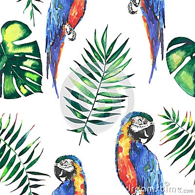 Bright colorful cute beautiful jungle tropical yellow and blue big parrots with green palm leaves pattern watercolor hand illustra Cartoon Illustration