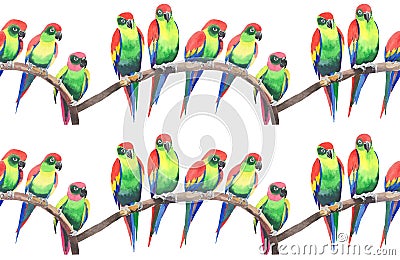 Bright colorful cute beautiful jungle tropical yellow and green parrots on a branch Cartoon Illustration