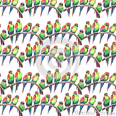 Bright colorful cute beautiful jungle tropical yellow and green parrots on a branch pattern watercolor hand illustration Cartoon Illustration