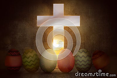Bright colorful easter eggs from light cross Stock Photo
