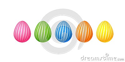 Bright colorful easter eggs Set of pink blue green orange yellow eggs with a spiral line pattern Isolated on white background Vector Illustration