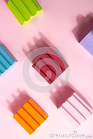 Bright, colorful geometric shapes podium for product display. Multicolored architecture of abstract shapes Stock Photo