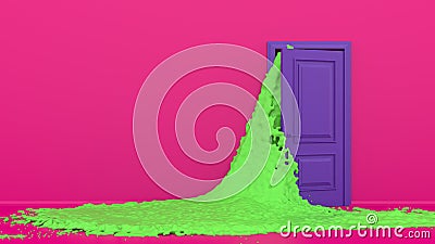 Bright colorful green water or paint flows into the room from the opening purple door. Streams of liquid flooding the floor. Stock Photo