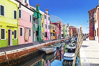 Bright colorful houses on Burano island on the edge of the Venetian lagoon. Venice, Editorial Stock Photo