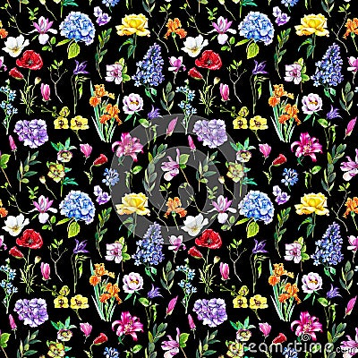 Multi-floral seamless pattern with different flowers. Cartoon Illustration