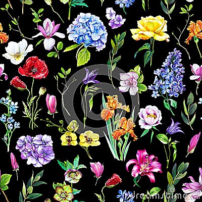 Multi-floral seamless pattern with different flowers. Cartoon Illustration