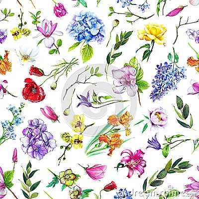 Multi-floral seamless pattern with different flowers. Cartoon Illustration