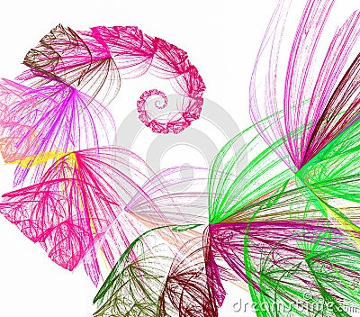 Bright colorful openwork spiral consists of many multi-colored thin lines on a white background. Abstract fractal background. 3d Cartoon Illustration