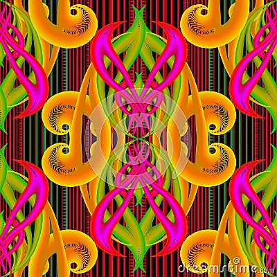 Bright colorful ornamental abstract vector 3d seamless pattern. Striped illuminated glowing background. Repeat shiny textured Vector Illustration