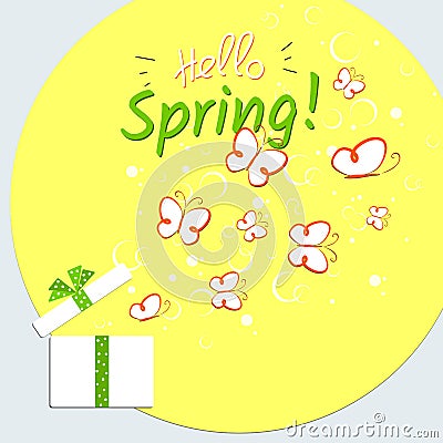 Bright colorful poster Hello Spring Cute doodle drawing butterfly on a yellow background Spring summer theme sale advertising eco Vector Illustration