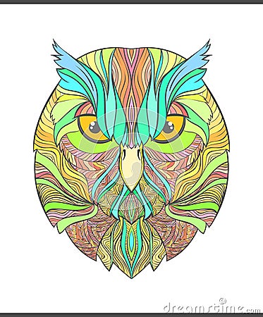 Bright, colorful print with the sketch owl. Modern bird Vector Illustration