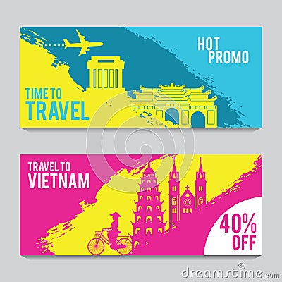 Bright and colorful promotion banner with pink and blue color for Vietnam travel,silhouette art design Vector Illustration