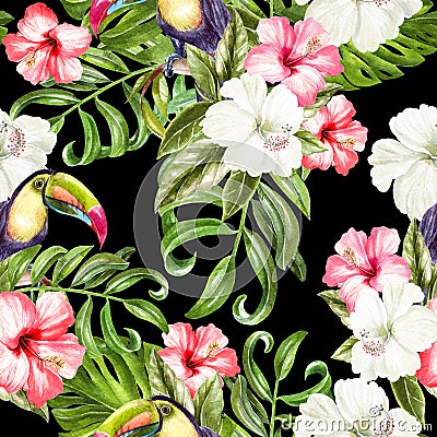 Bright colorful seamless pattern with tropical leaves and hibiscus flowers, toucan bird. Stock Photo