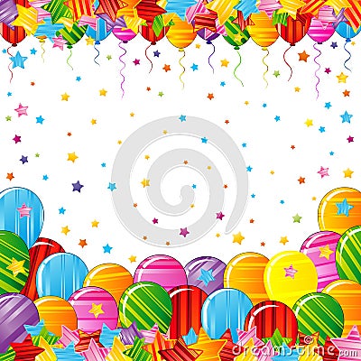 Bright colorful stars and balloons border on a white background. Festive birthday party vector poster. Vector Illustration