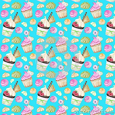 Bright colorful Sweet delicious watercolor pattern with cupcakes. Watercolor hand drawn illustration. Cartoon Illustration