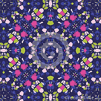 Bright Colorful Tie Dye Shibori Sunburst Kaleidoscope Mirrored Mandala on Purple Background Vector Seamless Pattern Vector Illustration
