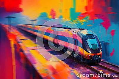 Bright colorful train in motion on rails. Modern train on background of multicolored abstraction with space for your Stock Photo