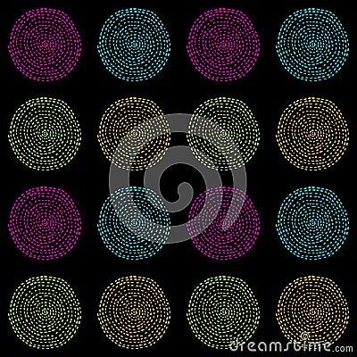 Bright and colorful vector seamless pattern of hand drawn circles on a black background Stock Photo