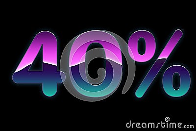 Bright colors 40% discount purple, blue, pink gradients, promotion sale percent made of glowing neon sign on black background, Stock Photo