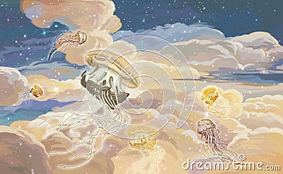 Bright colourful sky wallpaper. Jellyfish in the sky. Starry sky illustration. Cartoon Illustration