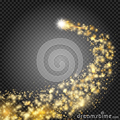 Bright comet with large dust. Falling Star. Really transparent effect. Glow light effect. Golden lights. Vector Vector Illustration