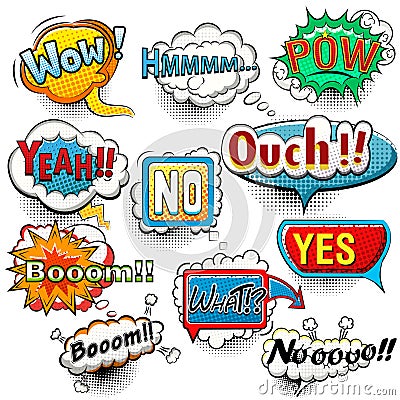 Bright comic speech bubbles screams, phrases, sounds Vector Illustration