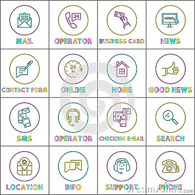 Bright Communication and Internet Linear Round Icons Set Vector Illustration