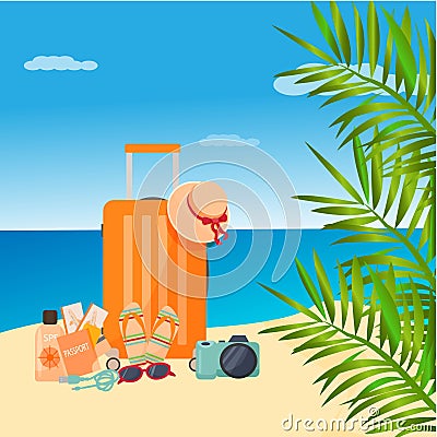 Bright composition of travel essentials, bag, passport, tickets, camera on sand. Vector Illustration