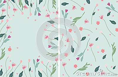 Bright compositions of cards with colored flowers, green leaves, hearts, etc. Ideal for greeting cards, cards, banners Vector Illustration