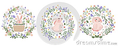 Bright compositions with a cute rabbit, a wreath of flowers, leaves, hearts. Spring-summer flowering. Flowers of Vector Illustration