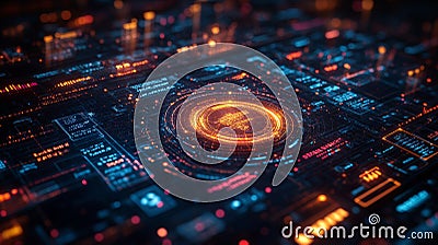 Bright computer data streams. Glowing circles. Digital network grid. Orange and blue information flowing. Abstract tech screen Stock Photo